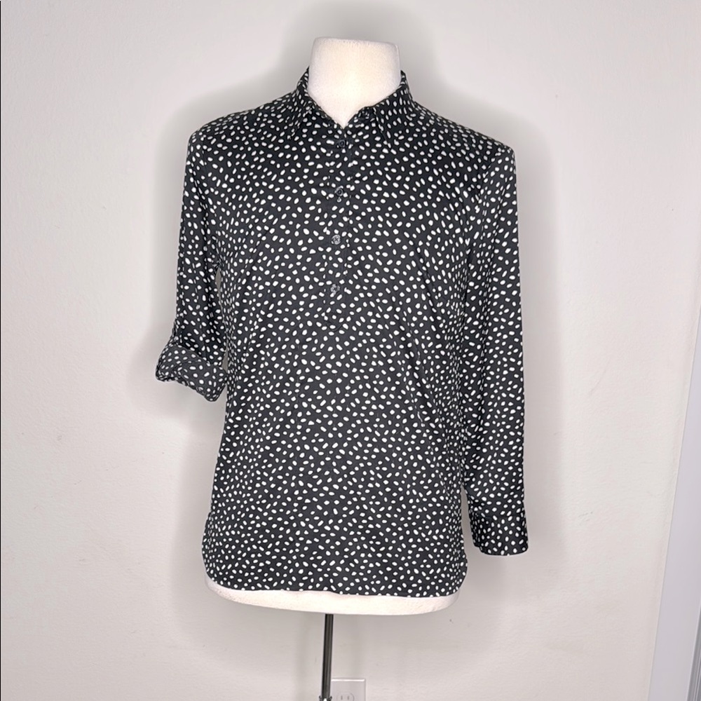 Ann Taylor blouse petite Black & White Polka Dot long sleeve tie up tab 10P